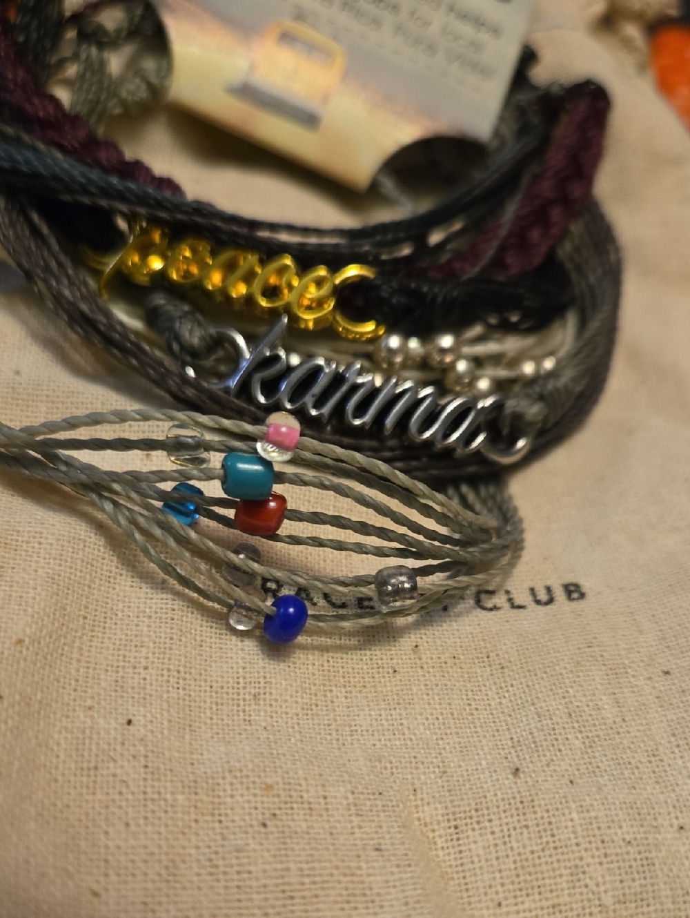 Pura Vida Peace & Karma Bracelet Stack - Gray, Black, Burgundy, Tan. Older Style - Picture 3 of 4